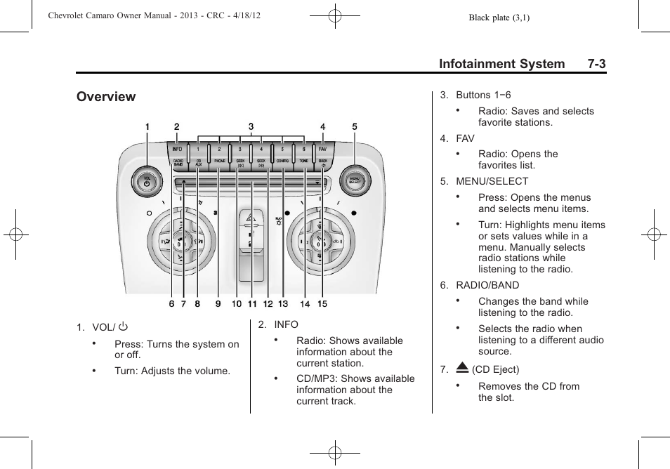 Overview, Infotainment system 7-3 | CHEVROLET 2013 Camaro User Manual | Page 159 / 414