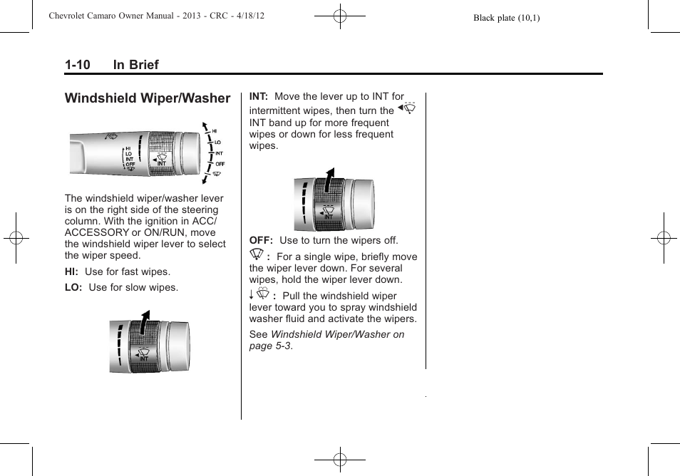 Windshield wiper/washer | CHEVROLET 2013 Camaro User Manual | Page 16 / 414