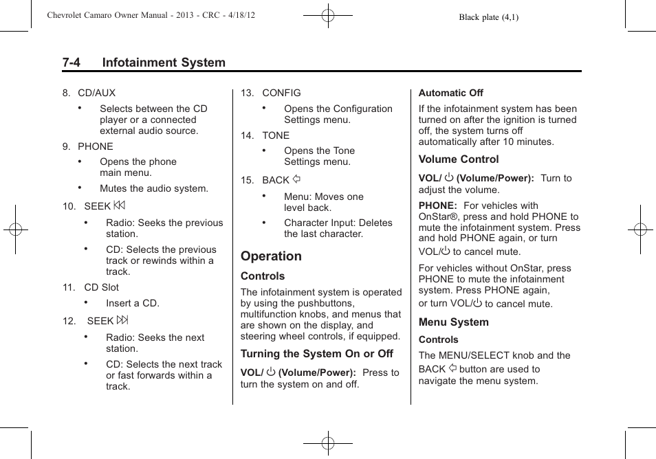 Operation, 4 infotainment system | CHEVROLET 2013 Camaro User Manual | Page 160 / 414