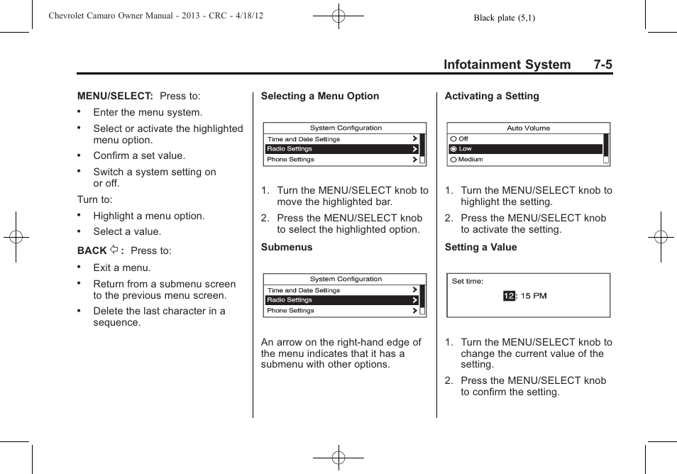 Infotainment system 7-5 | CHEVROLET 2013 Camaro User Manual | Page 161 / 414