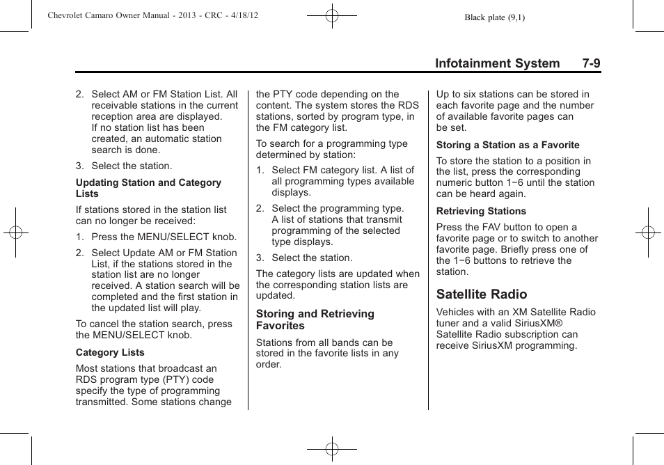 Satellite radio, Infotainment system 7-9 | CHEVROLET 2013 Camaro User Manual | Page 165 / 414