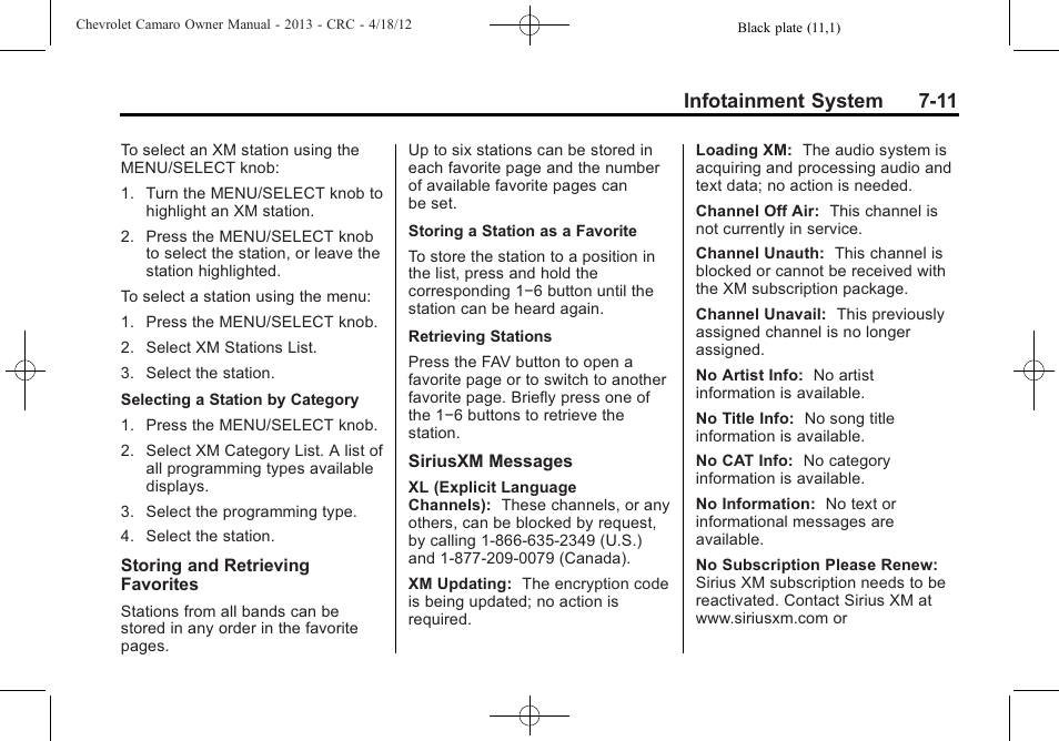 Infotainment system 7-11 | CHEVROLET 2013 Camaro User Manual | Page 167 / 414