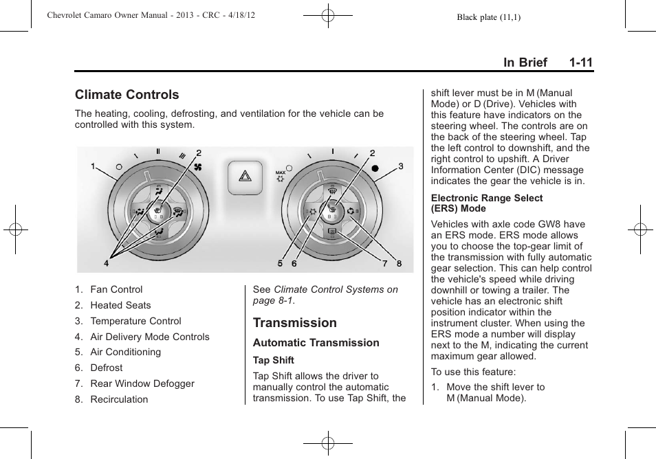 Climate controls, Transmission | CHEVROLET 2013 Camaro User Manual | Page 17 / 414