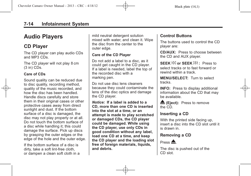 Audio players, Cd player | CHEVROLET 2013 Camaro User Manual | Page 170 / 414