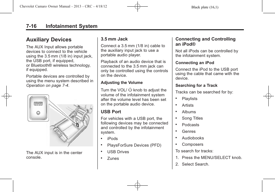 Auxiliary devices, 16 infotainment system | CHEVROLET 2013 Camaro User Manual | Page 172 / 414