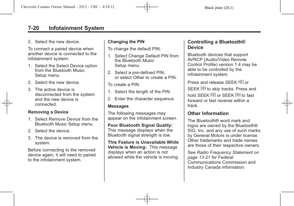 20 infotainment system | CHEVROLET 2013 Camaro User Manual | Page 176 / 414