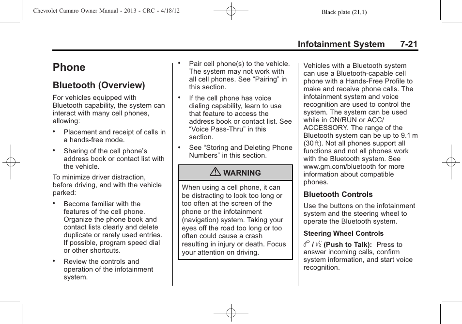 Phone, Bluetooth (overview), Infotainment system 7-21 | CHEVROLET 2013 Camaro User Manual | Page 177 / 414