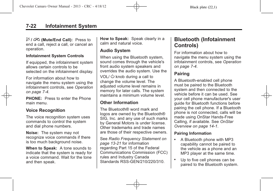 Bluetooth (infotainment controls), 22 infotainment system | CHEVROLET 2013 Camaro User Manual | Page 178 / 414