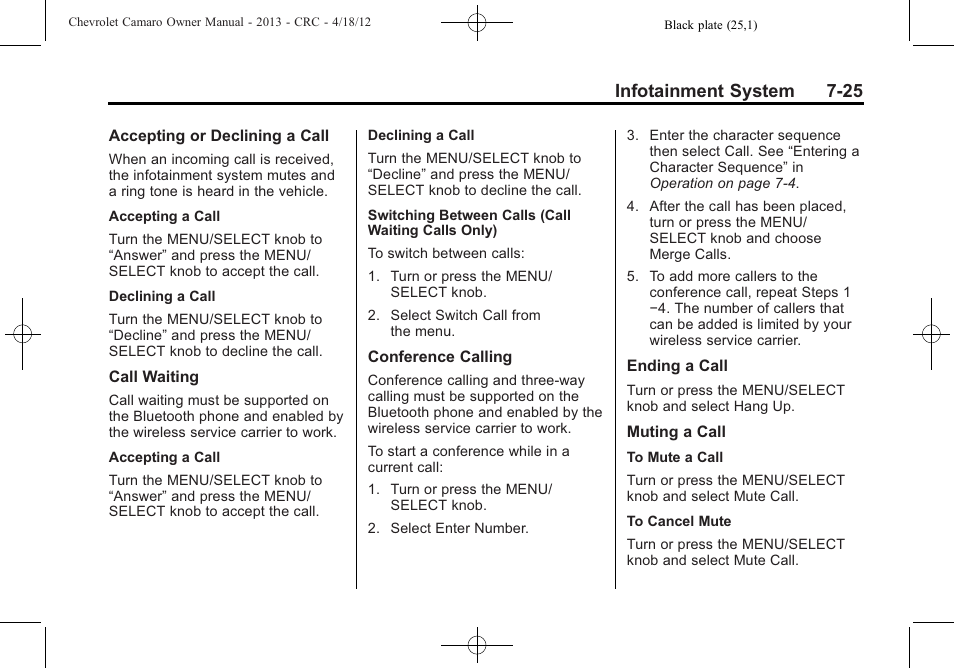 Infotainment system 7-25 | CHEVROLET 2013 Camaro User Manual | Page 181 / 414