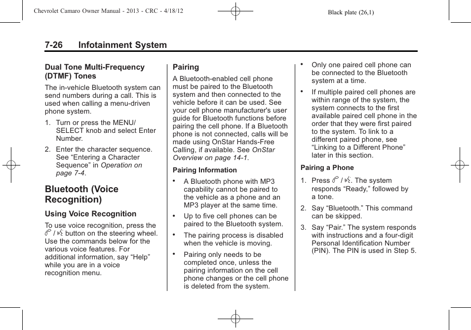 Bluetooth (voice recognition), 26 infotainment system | CHEVROLET 2013 Camaro User Manual | Page 182 / 414