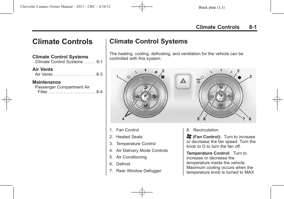 Climate controls, Climate control systems | CHEVROLET 2013 Camaro User Manual | Page 189 / 414