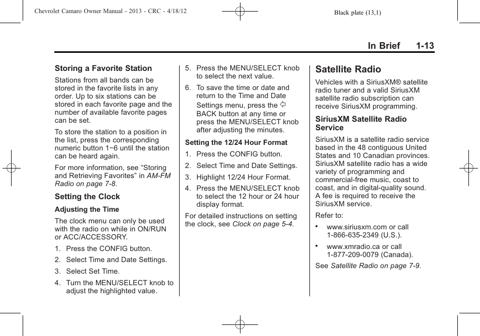 Satellite radio | CHEVROLET 2013 Camaro User Manual | Page 19 / 414