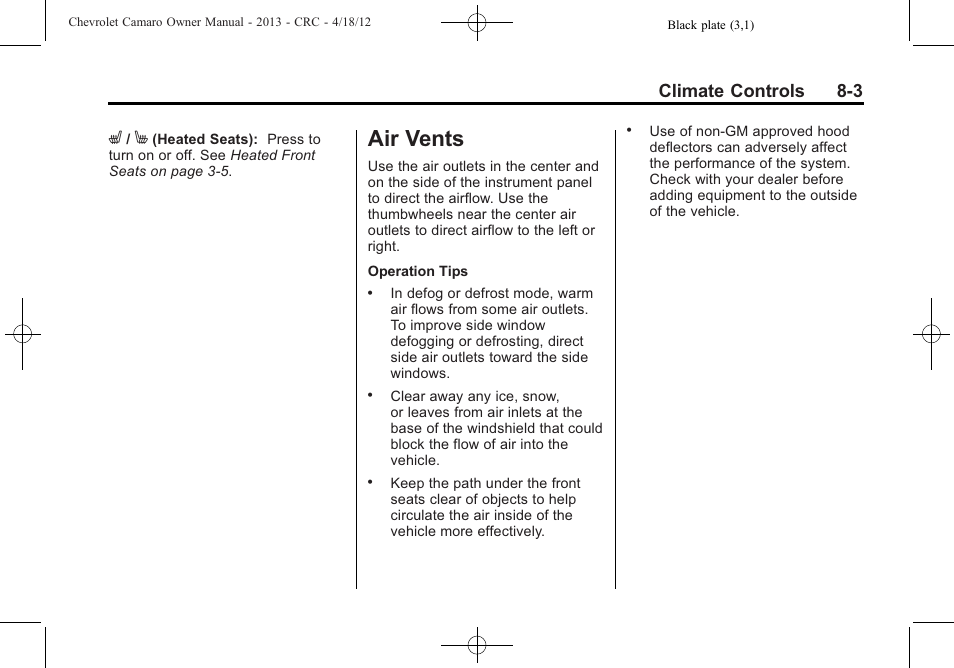 Air vents, Climate controls 8-3 | CHEVROLET 2013 Camaro User Manual | Page 191 / 414