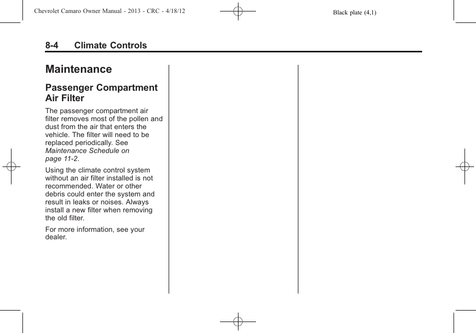 Maintenance, Passenger compartment air filter | CHEVROLET 2013 Camaro User Manual | Page 192 / 414