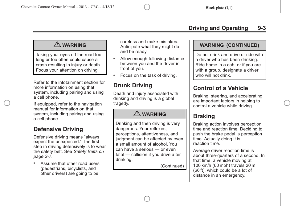 Defensive driving, Drunk driving, Control of a vehicle | Braking | CHEVROLET 2013 Camaro User Manual | Page 195 / 414