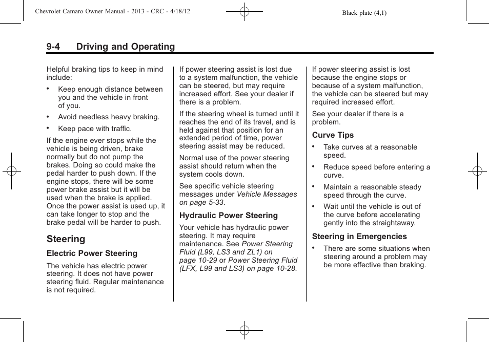 Steering, 4 driving and operating | CHEVROLET 2013 Camaro User Manual | Page 196 / 414