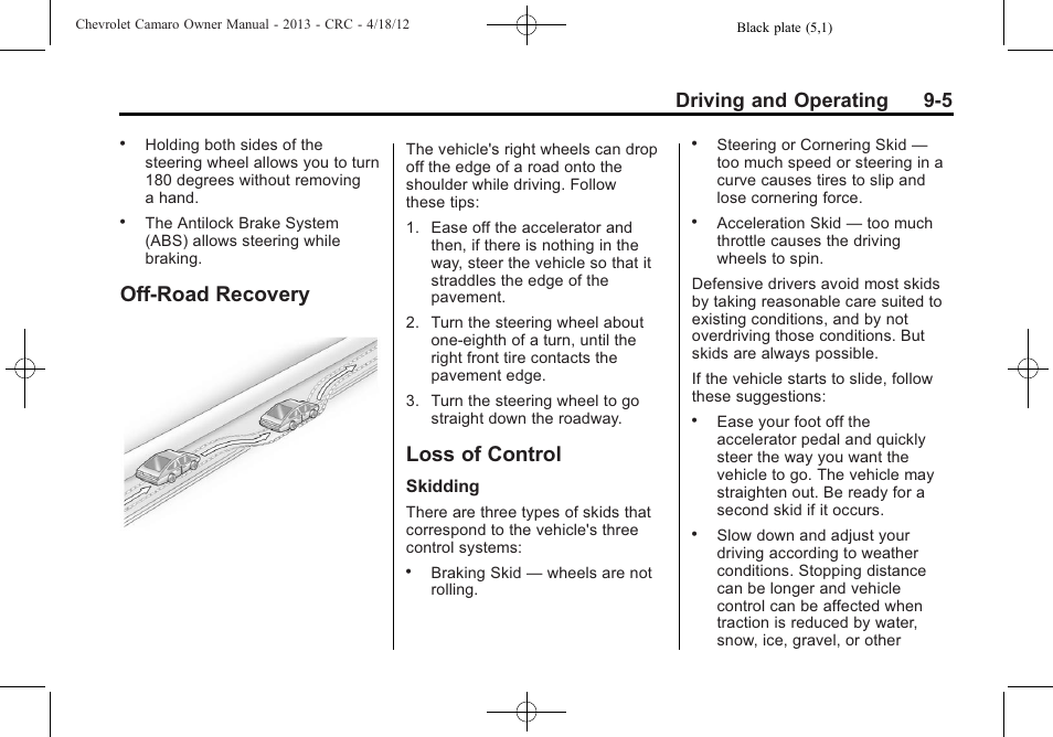 Off-road recovery, Loss of control, Driving and operating 9-5 | CHEVROLET 2013 Camaro User Manual | Page 197 / 414