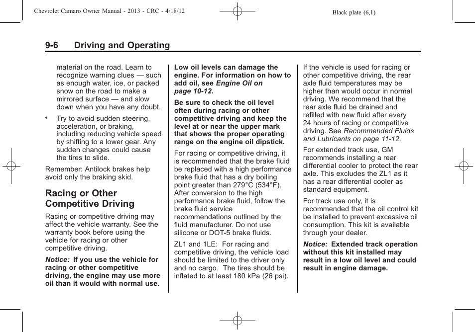 Racing or other competitive driving, 6 driving and operating | CHEVROLET 2013 Camaro User Manual | Page 198 / 414