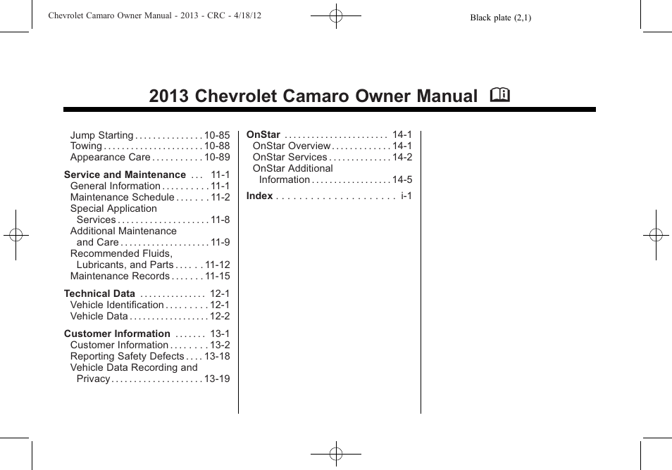 2013 chevrolet camaro owner manual m | CHEVROLET 2013 Camaro User Manual | Page 2 / 414