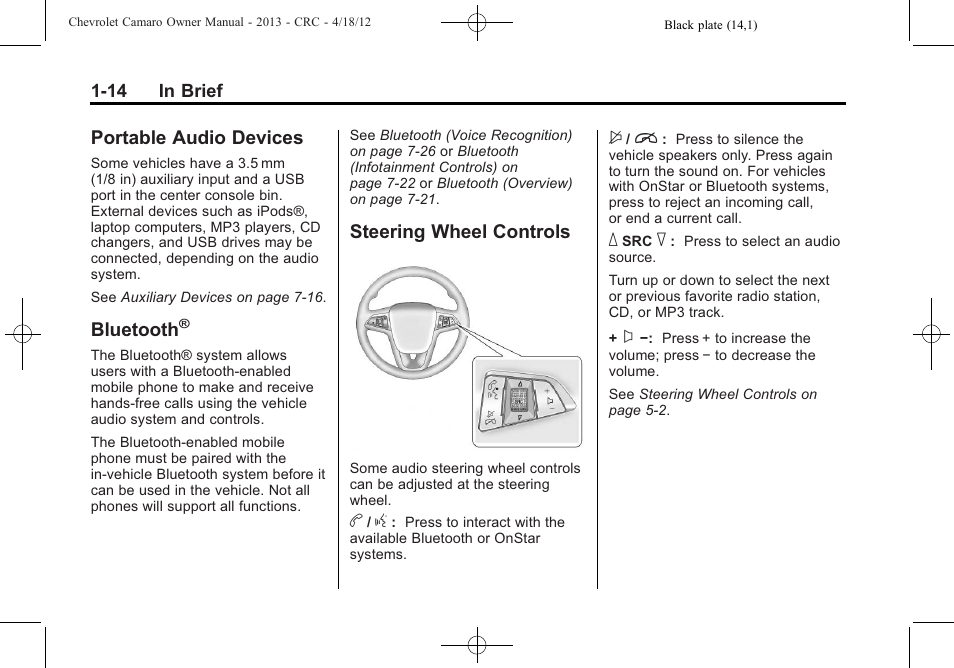 Portable audio devices, Bluetooth, Steering wheel controls | CHEVROLET 2013 Camaro User Manual | Page 20 / 414