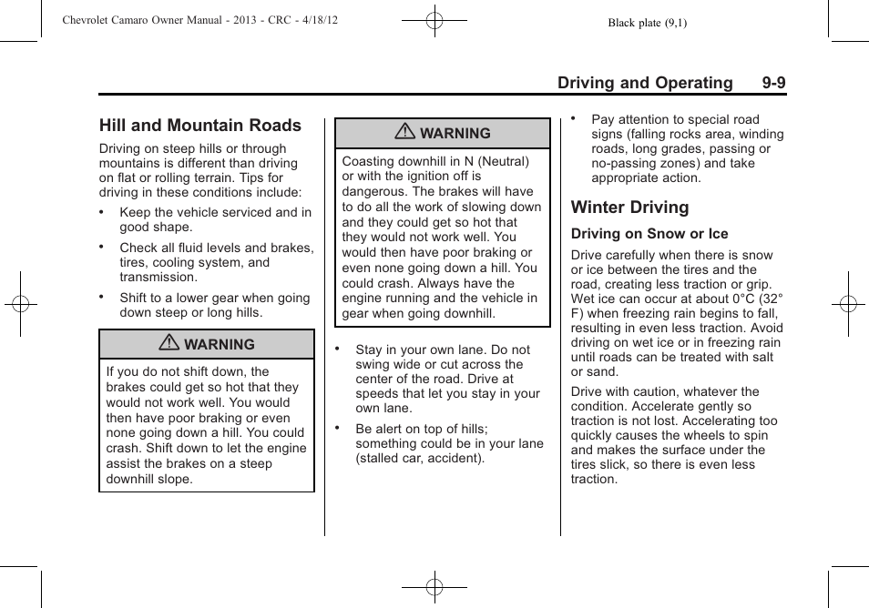 Hill and mountain roads, Winter driving, Driving and operating 9-9 | CHEVROLET 2013 Camaro User Manual | Page 201 / 414