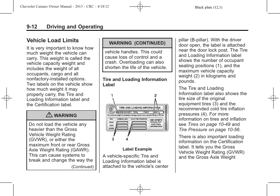 Vehicle load limits | CHEVROLET 2013 Camaro User Manual | Page 204 / 414
