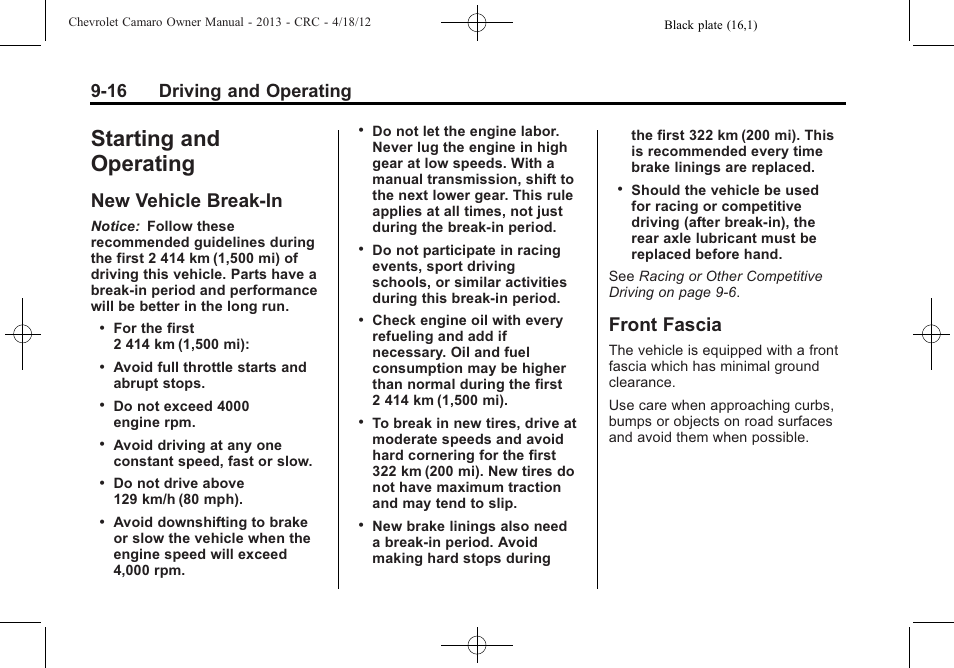Starting and operating, New vehicle break-in, Front fascia | 16 driving and operating | CHEVROLET 2013 Camaro User Manual | Page 208 / 414