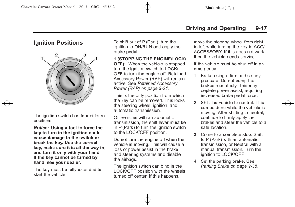 Ignition positions, Driving and operating 9-17 | CHEVROLET 2013 Camaro User Manual | Page 209 / 414