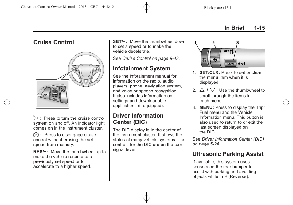 Cruise control, Infotainment system, Driver information center (dic) | Ultrasonic parking assist, Cruise control 5 | CHEVROLET 2013 Camaro User Manual | Page 21 / 414
