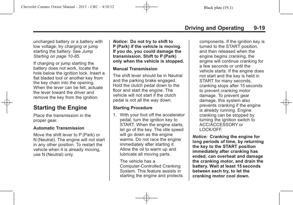 Starting the engine, Driving and operating 9-19 | CHEVROLET 2013 Camaro User Manual | Page 211 / 414