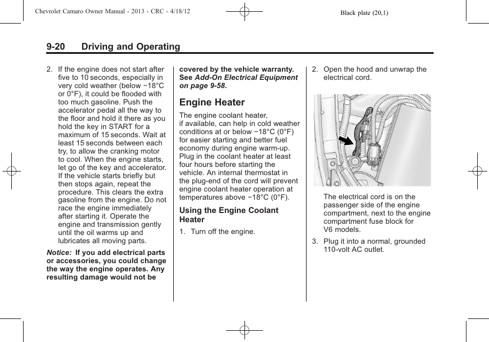 Engine heater | CHEVROLET 2013 Camaro User Manual | Page 212 / 414