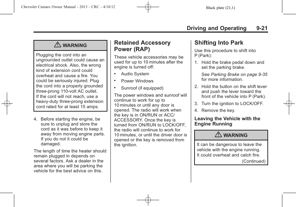 Retained accessory power (rap), Shifting into park | CHEVROLET 2013 Camaro User Manual | Page 213 / 414