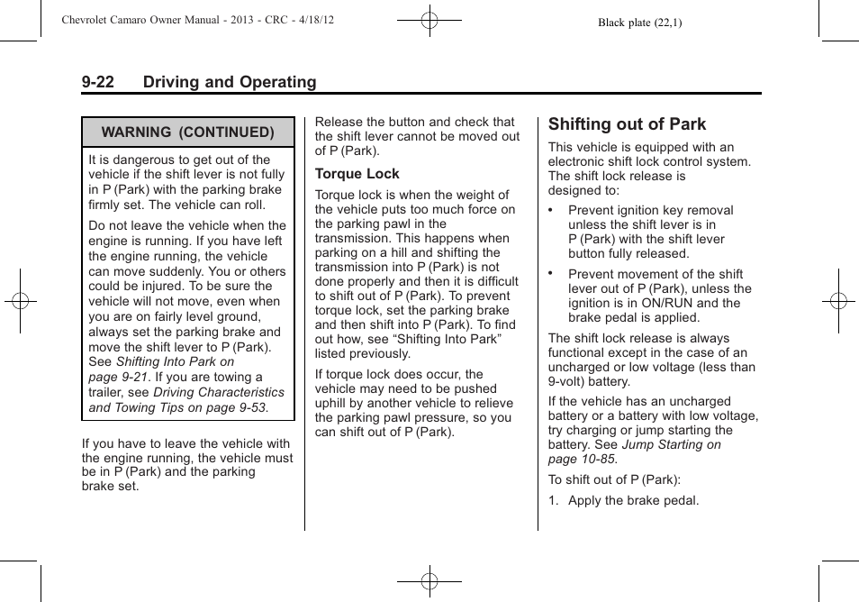 Shifting out of park, 22 driving and operating | CHEVROLET 2013 Camaro User Manual | Page 214 / 414