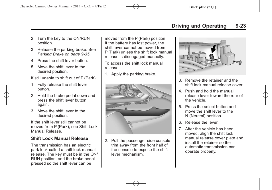 Driving and operating 9-23 | CHEVROLET 2013 Camaro User Manual | Page 215 / 414