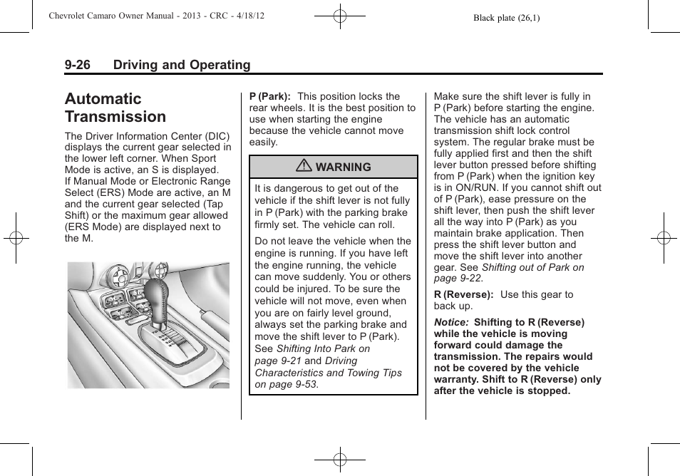 Automatic transmission | CHEVROLET 2013 Camaro User Manual | Page 218 / 414