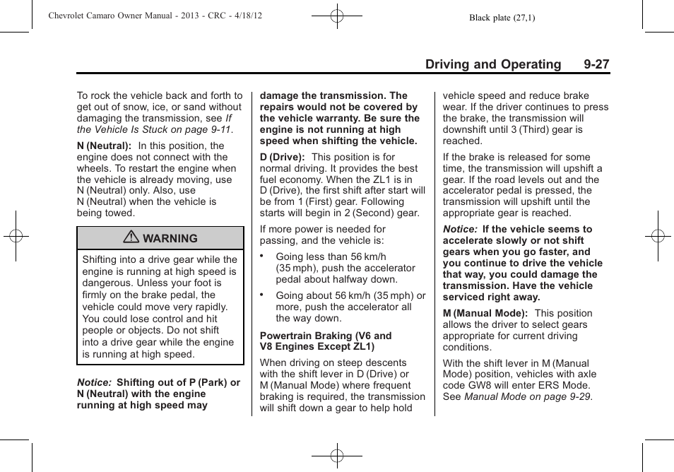 Driving and operating 9-27 | CHEVROLET 2013 Camaro User Manual | Page 219 / 414