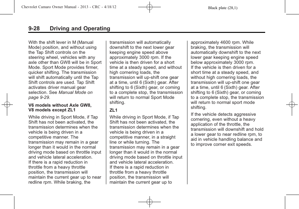 28 driving and operating | CHEVROLET 2013 Camaro User Manual | Page 220 / 414