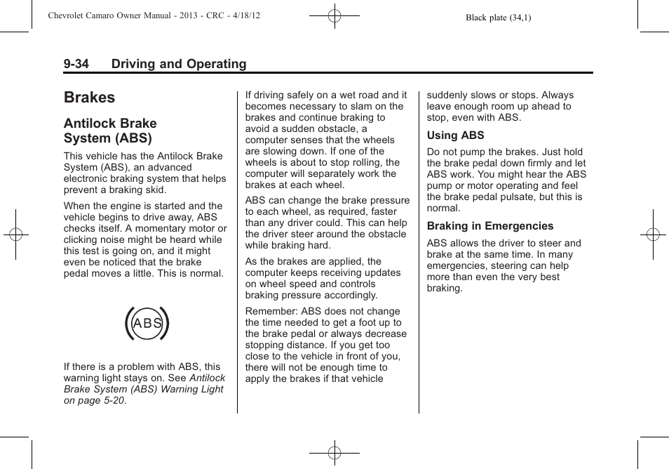 Brakes, Antilock brake system (abs) | CHEVROLET 2013 Camaro User Manual | Page 226 / 414