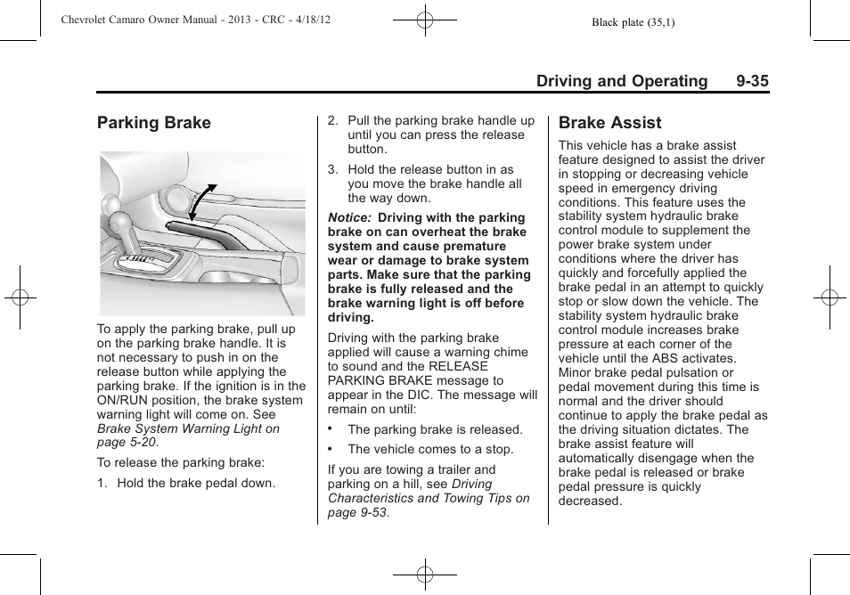Parking brake, Brake assist, Driving and operating 9-35 | CHEVROLET 2013 Camaro User Manual | Page 227 / 414