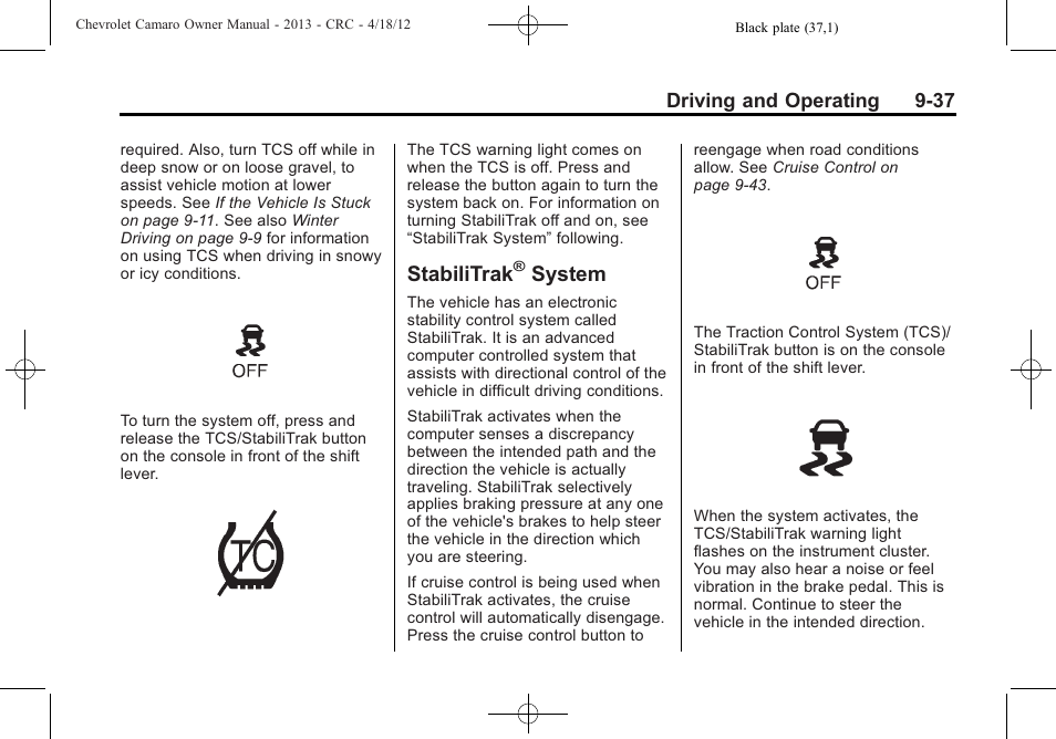 Stabilitrak® system, Stabilitrak, System | CHEVROLET 2013 Camaro User Manual | Page 229 / 414