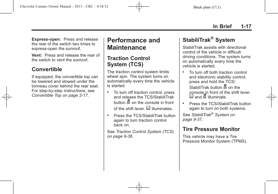 Convertible, Performance and maintenance, Traction control system (tcs) | Stabilitrak® system, Tire pressure monitor, Stabilitrak, System | CHEVROLET 2013 Camaro User Manual | Page 23 / 414