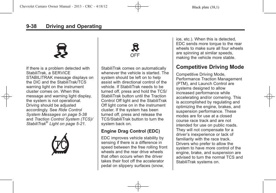 Competitive driving mode, 38 driving and operating | CHEVROLET 2013 Camaro User Manual | Page 230 / 414