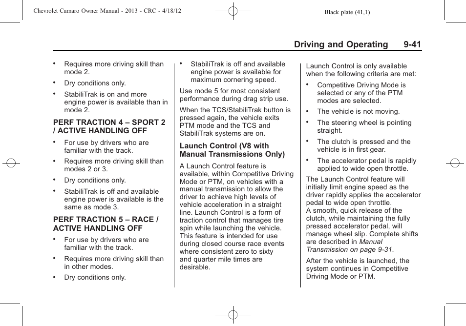 Driving and operating 9-41 | CHEVROLET 2013 Camaro User Manual | Page 233 / 414