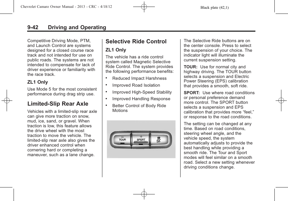 Limited-slip rear axle, Selective ride control, 42 driving and operating | CHEVROLET 2013 Camaro User Manual | Page 234 / 414