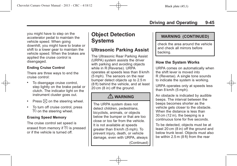 Object detection systems, Ultrasonic parking assist | CHEVROLET 2013 Camaro User Manual | Page 237 / 414