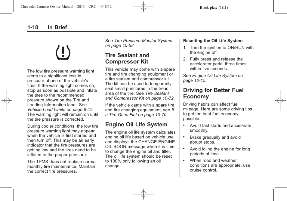 Tire sealant and compressor kit, Engine oil life system, Driving for better fuel economy | 18 in brief | CHEVROLET 2013 Camaro User Manual | Page 24 / 414