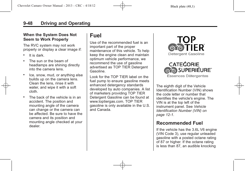 Fuel, Recommended fuel, 48 driving and operating | CHEVROLET 2013 Camaro User Manual | Page 240 / 414