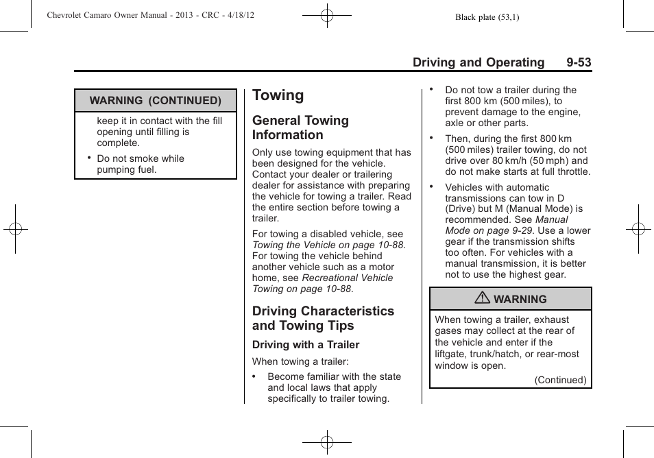 Towing, General towing information, Driving characteristics and towing tips | Driving and operating 9-53 | CHEVROLET 2013 Camaro User Manual | Page 245 / 414