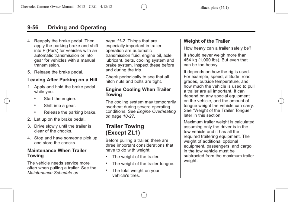 Trailer towing (except zl1), 56 driving and operating | CHEVROLET 2013 Camaro User Manual | Page 248 / 414