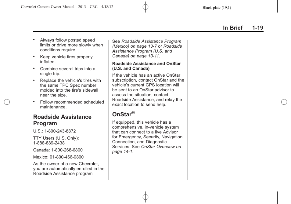 Roadside assistance program, Onstar | CHEVROLET 2013 Camaro User Manual | Page 25 / 414